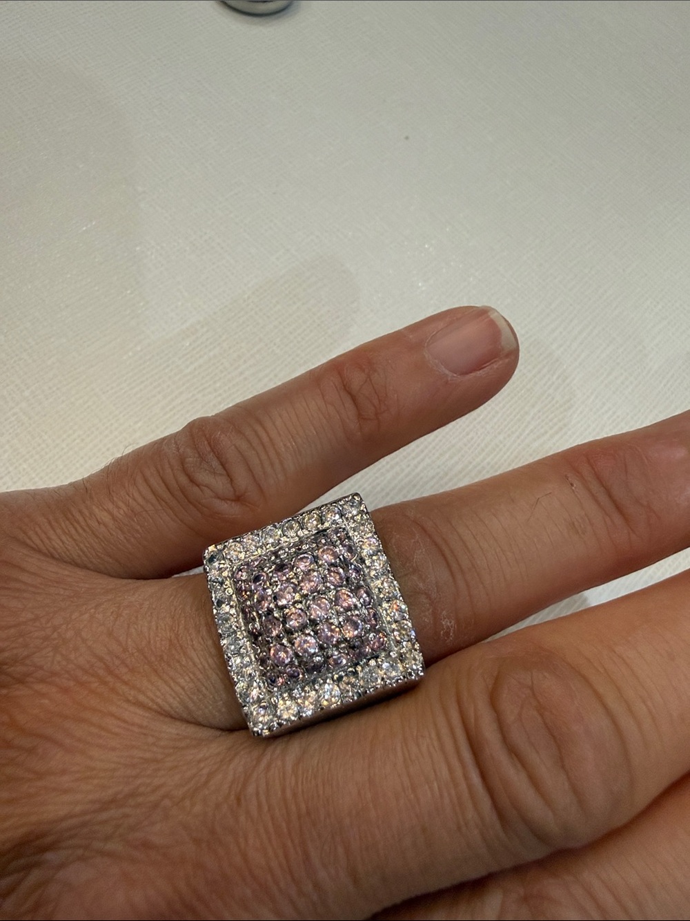 Silver Square Pink and Clear CZ Cocktail Ring